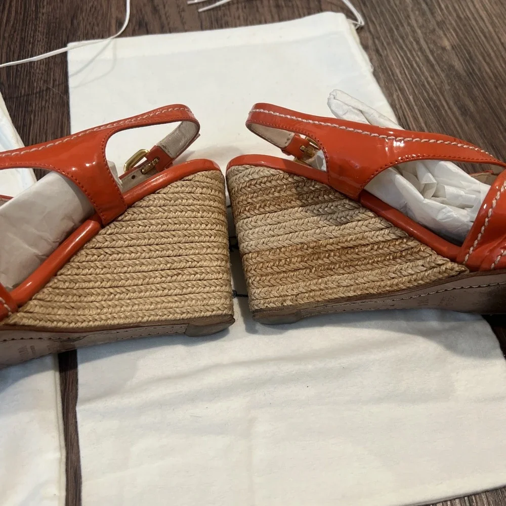 Prada Patent Leather Espadrille Wedge Sandals Size 37.5 Color Coral DETAILS